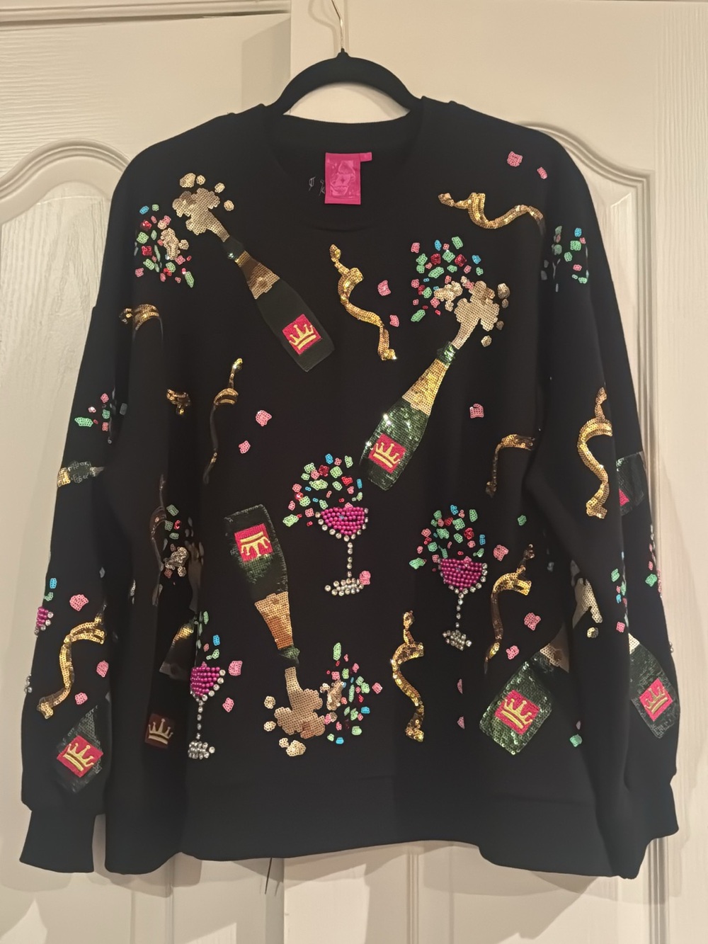 QUEEN OF SPARKLES Black Sequin Champagne Party Sweatshirt
